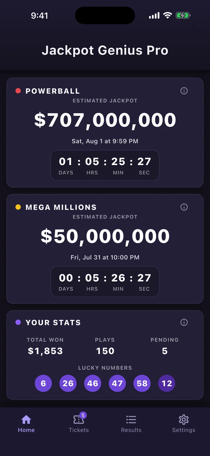 Jackpot Genius home screen with live Powerball and Mega Millions jackpots and countdowns