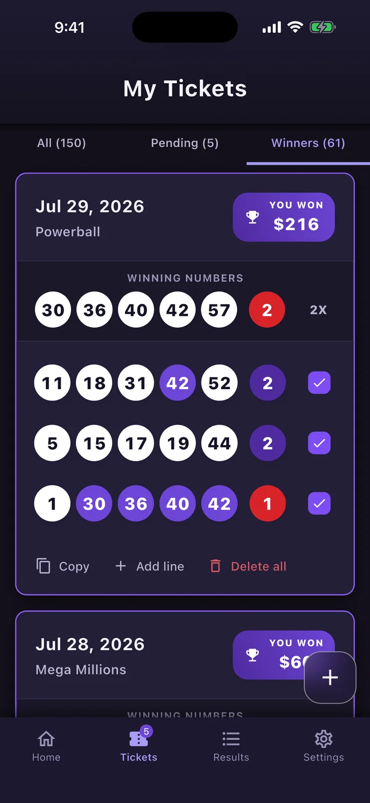 A winning Powerball ticket showing You Won $216, with its matched numbers